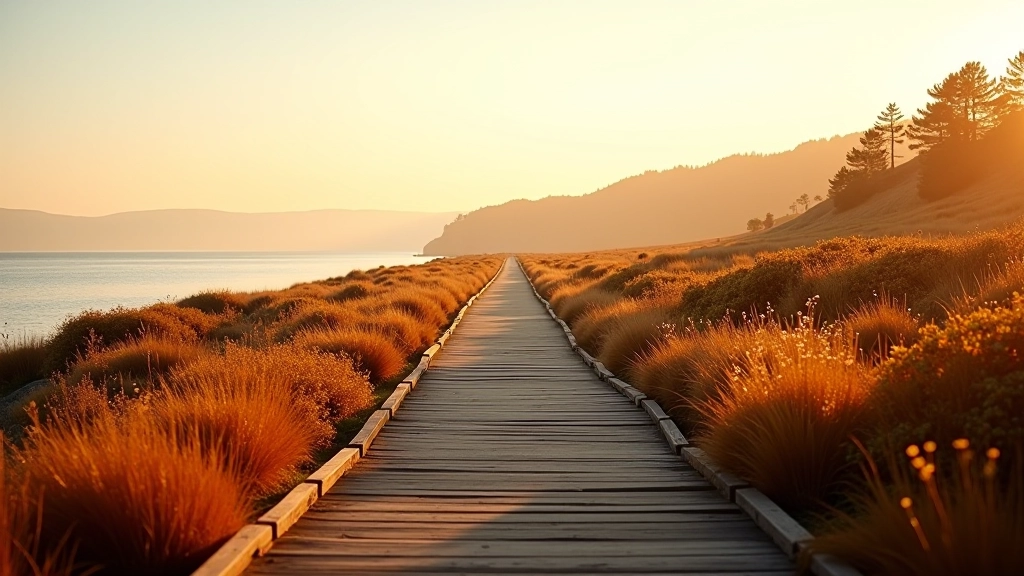 Autumn coastal landscape with golden light, amber-colored vegetation, clear sky, peaceful empty path