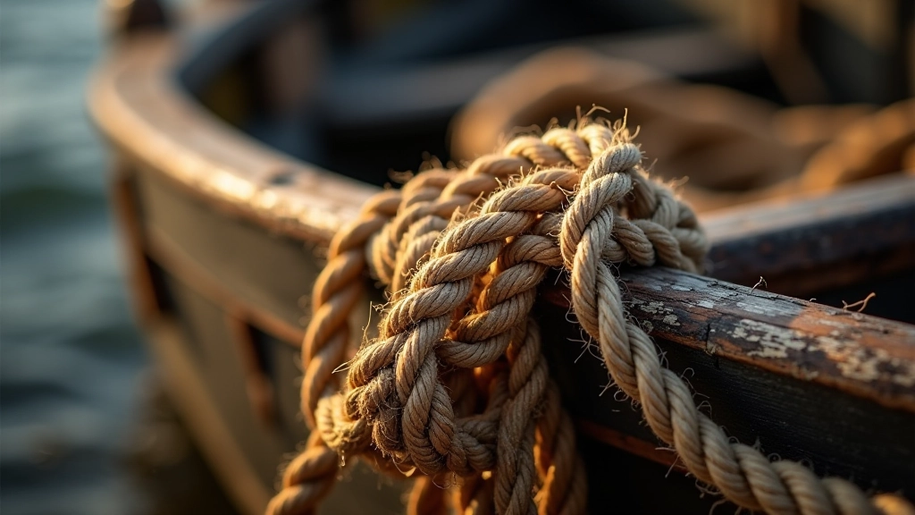 Close-up of traditional Liv fishing net patterns showing hand-tied knots and weathered rope details against wooden boat hull