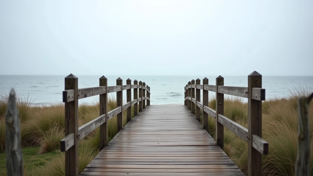 Wooden boardwalk pathway at coastal overlook with panoramic views of Baltic Sea meeting waters under cloudy sky