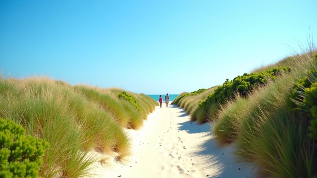 Sunny summer day on coastal path, clear blue sky, people enjoying walk, white sand beach visible, vibrant natural colors
