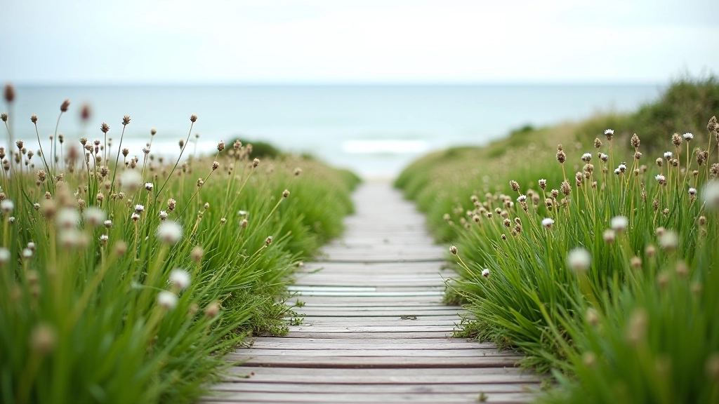 Coastal boardwalk in spring with fresh green vegetation, wildflowers blooming, Baltic Sea with clear visibility, overcast but bright sky