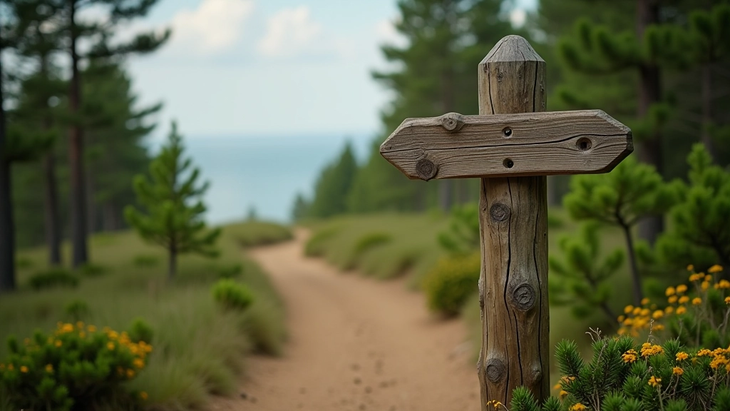 Detailed view of marked walking path with directional sign post among pine trees at Kolka Cape, showing trail markers and coastal forest environment