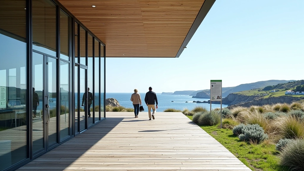 Visitor center building at Kolka Cape with information boards, comfortable seating area, and clear views toward the Baltic coastline
