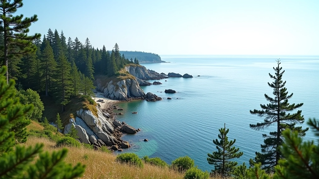 Panoramic view of Kolka Cape with Baltic Sea waves in foreground, pine forests and lighthouse structure visible on the peninsula
