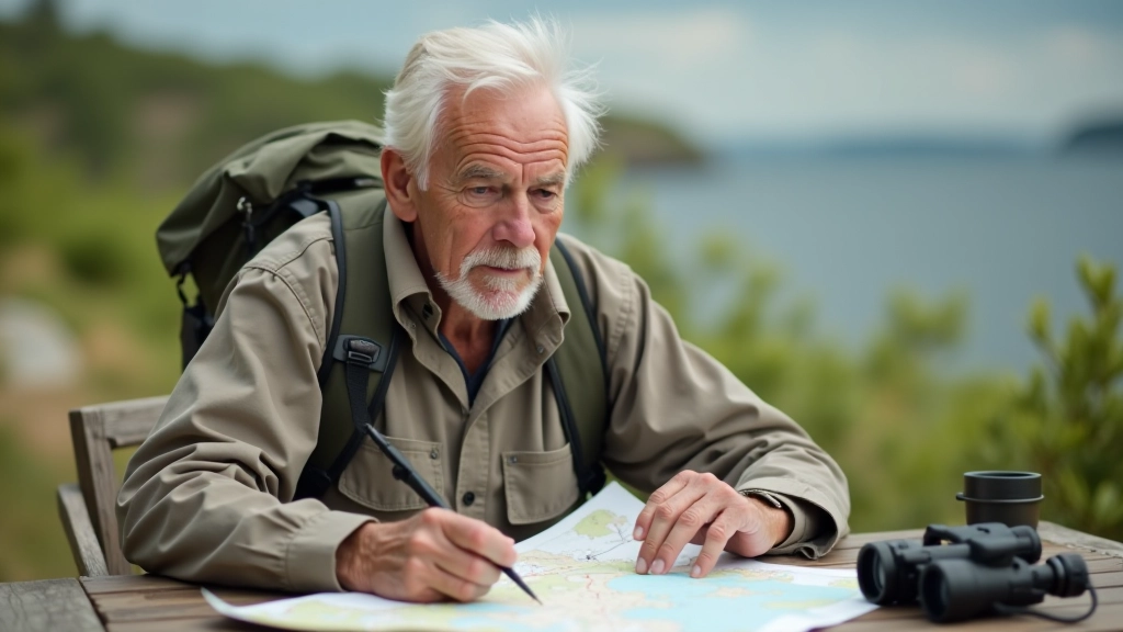 Senior person studying map and trail guide at wooden table with binoculars and hiking gear, planning day hike