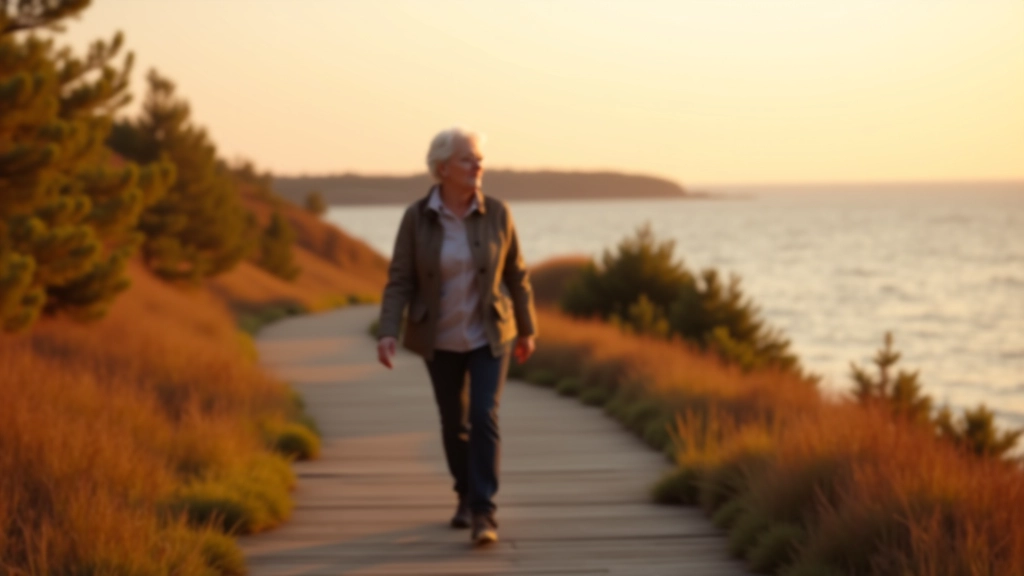 Senior walker on coastal path during golden hour, autumn landscape with warm light on Baltic Sea, peaceful atmosphere