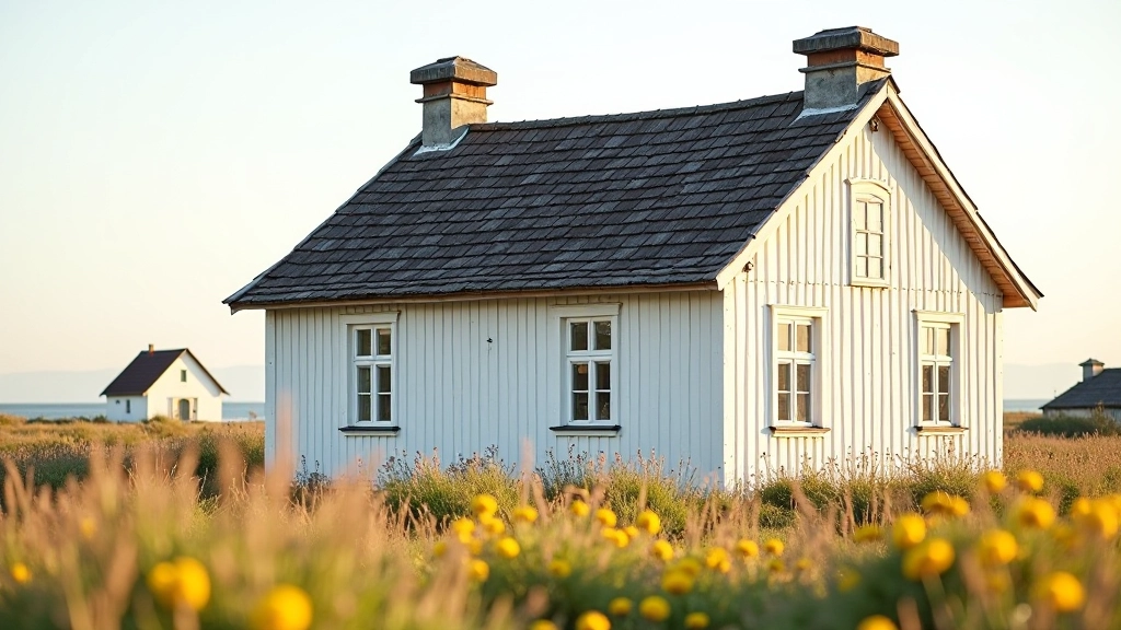 Restored traditional Liv wooden house with white walls and dark roof, surrounded by wildflowers and coastal vegetation, heritage village setting