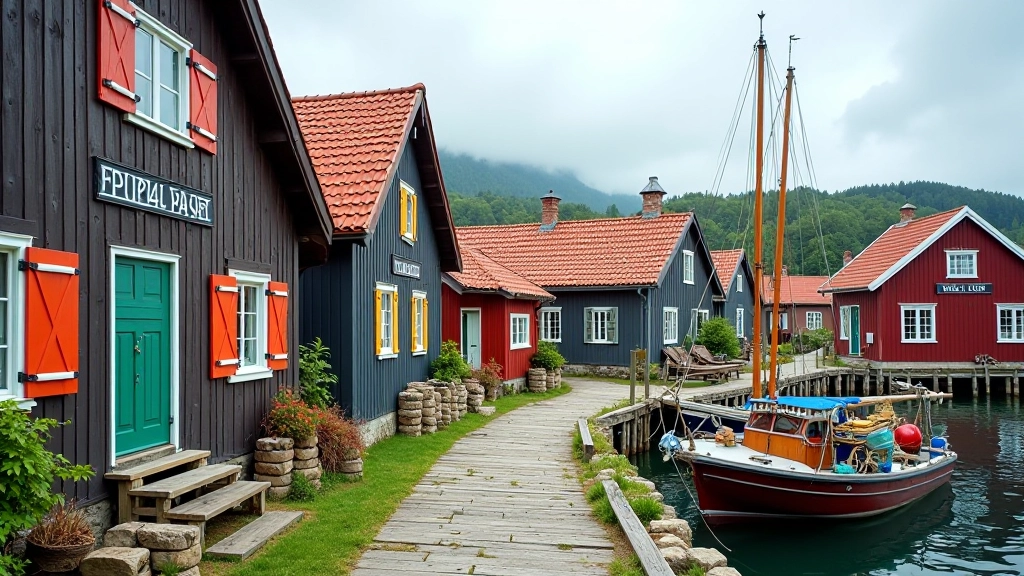 Traditional wooden houses of Vaide fishing village with blue shutters and fishing nets hanging nearby, waterfront setting