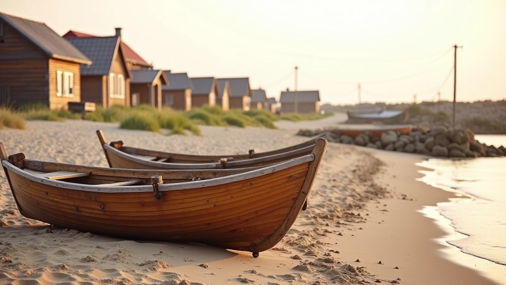 Traditional Liv fishing boats pulled up on sandy beach with wooden houses visible in background, coastal village landscape