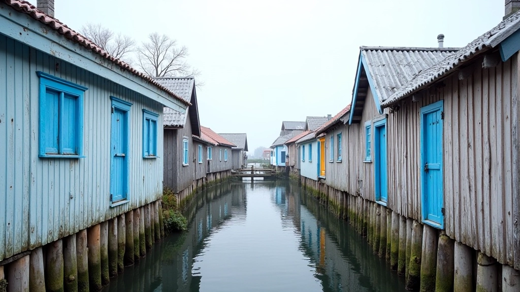 Serene coastal village with traditional blue-shuttered wooden houses and fishing nets displayed along waterfront path