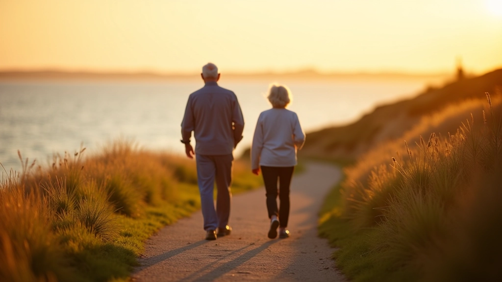 Coastal senior travelers enjoying peaceful walk along Baltic shore at golden hour light with calm waters in background