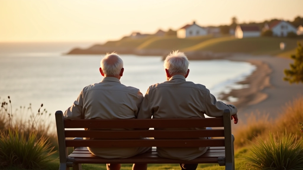 Two senior adults sitting on coastal bench overlooking the Baltic Sea, relaxed pace coastal walking experience