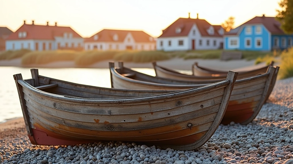 Weathered wooden fishing boats lined up on pebbled beach with traditional Liv houses visible in the background, golden afternoon light