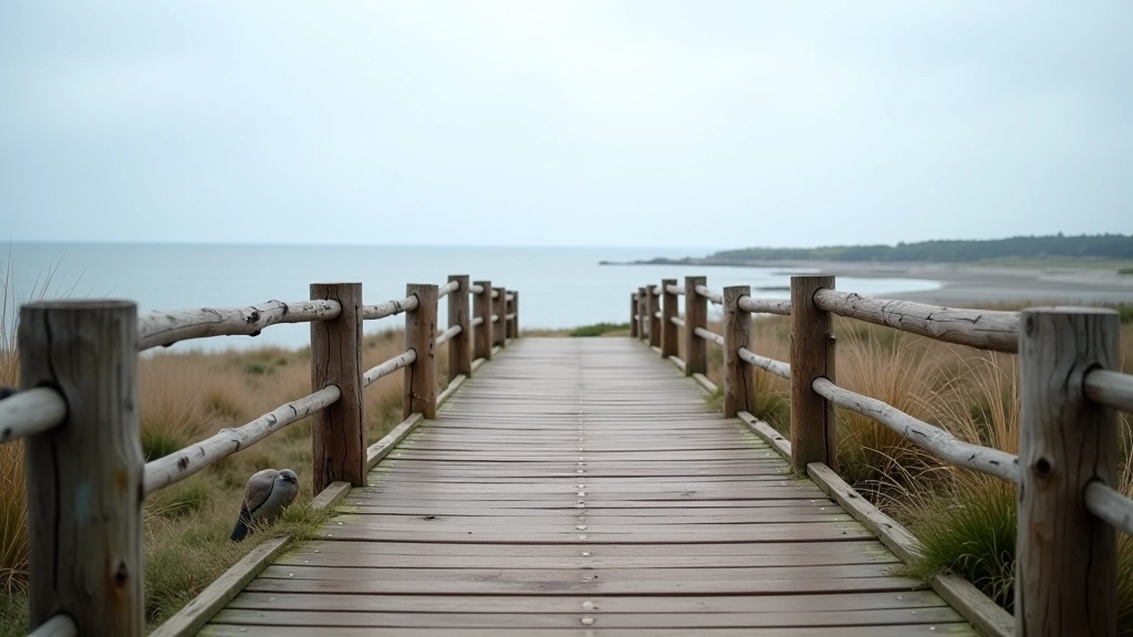 Coastal pathway at Kolka Cape with wooden railings overlooking the Baltic Sea meeting the Gulf of Riga, calm waters visible