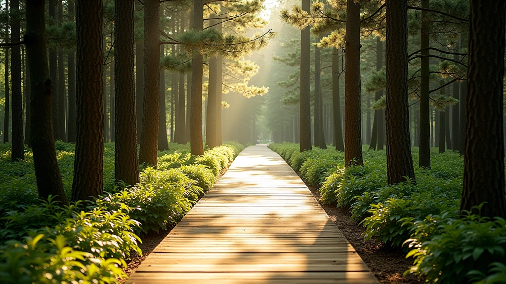 Scenic wooden boardwalk path through coastal forest with dappled sunlight filtering through pine trees, peaceful walking trail