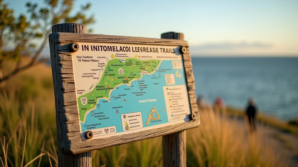 Informational sign at heritage trail entrance with map and cultural heritage symbols, wooden structure in natural setting
